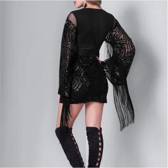 Sequin Fringe V-neck Cocktail Dress - Picture 3 of 8